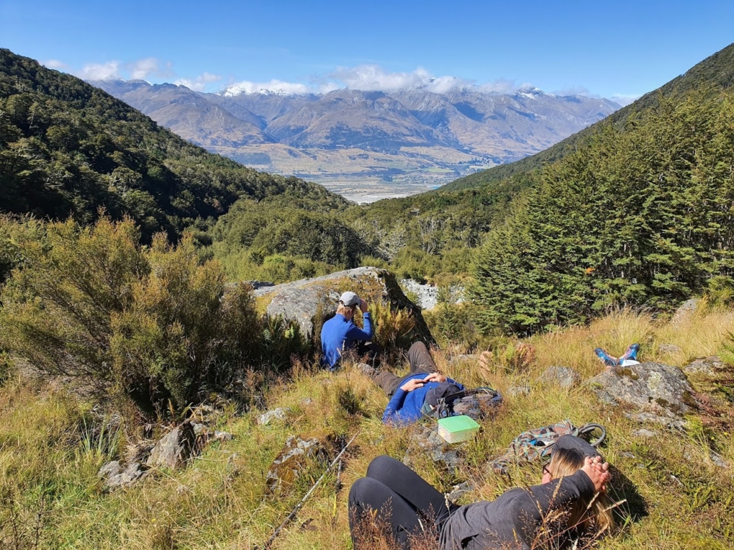 People resting on the grass in glacier burn with view of Glenorchy