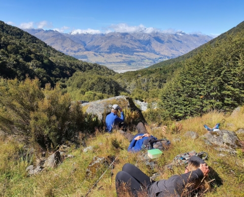 People resting on the grass in glacier burn with view of Glenorchy