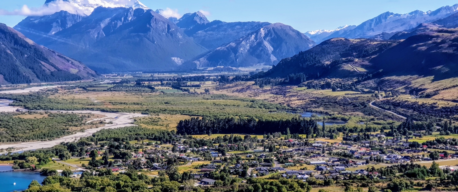 Village of Glenorchy and mountains from the air
