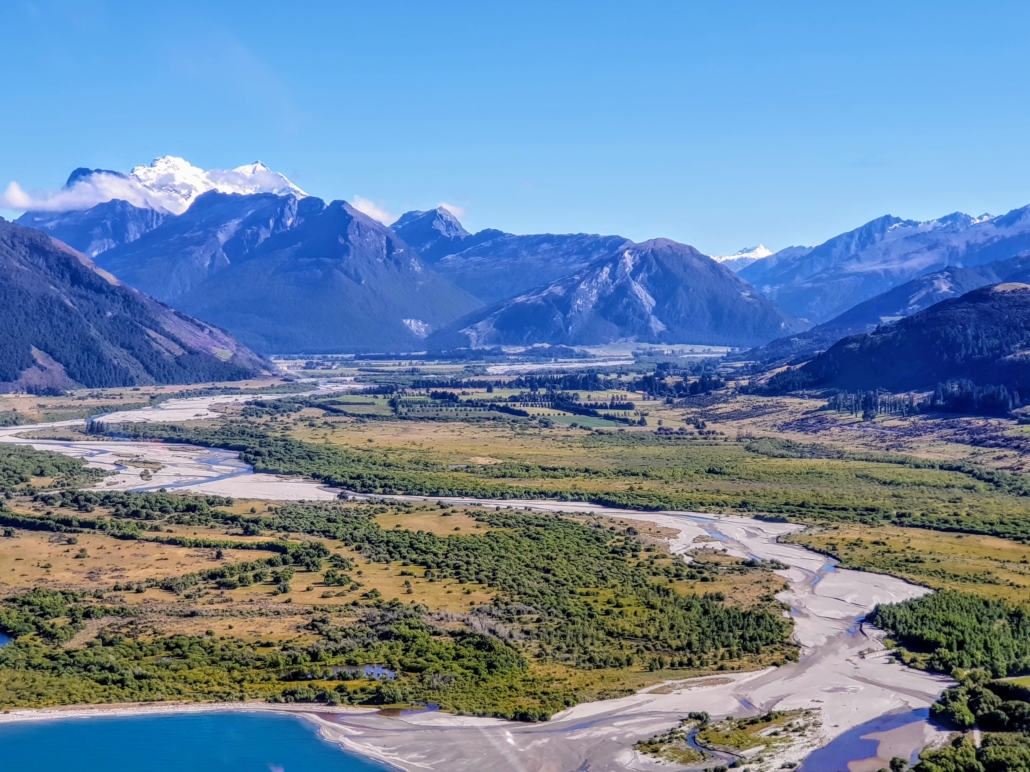 Braided Rees river and mountains from air Glenorchy