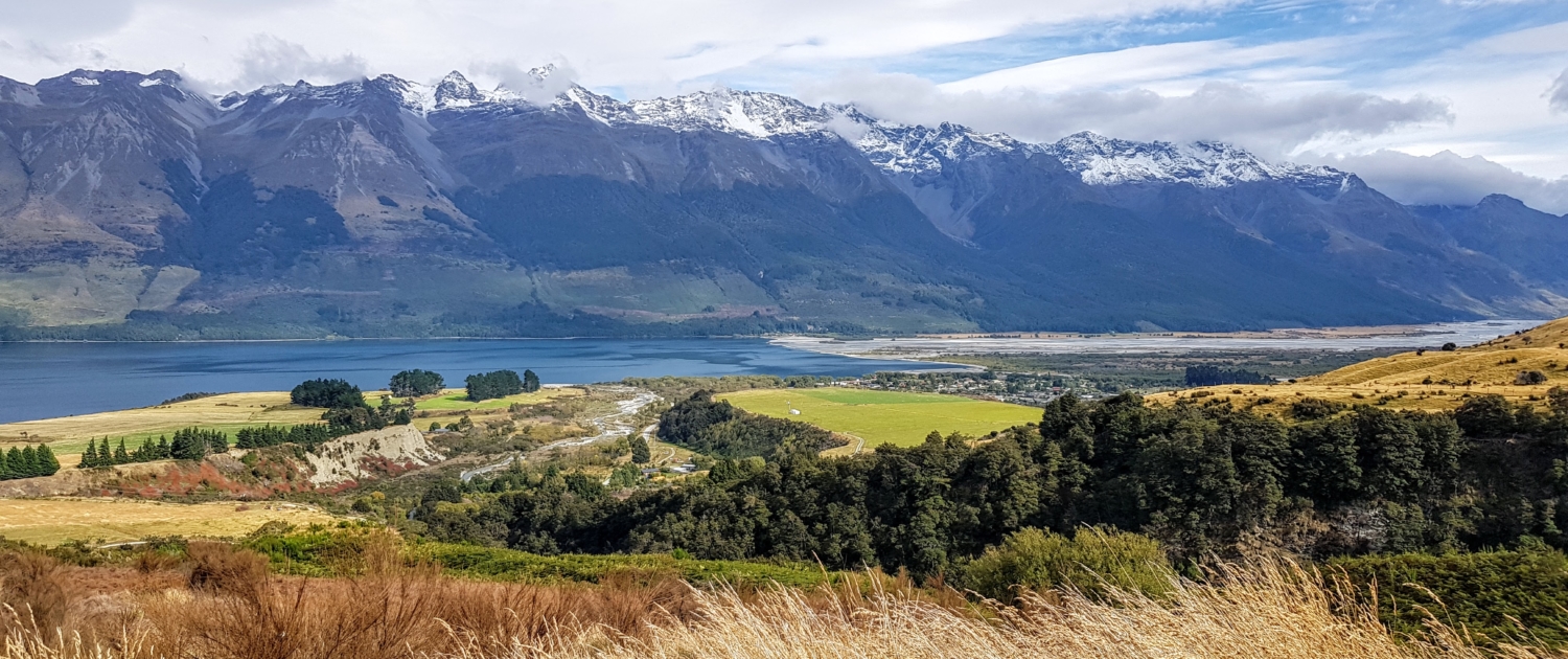View of Glenorchy, Kinloch, lake Wakatipu and mountains from Mt Judah