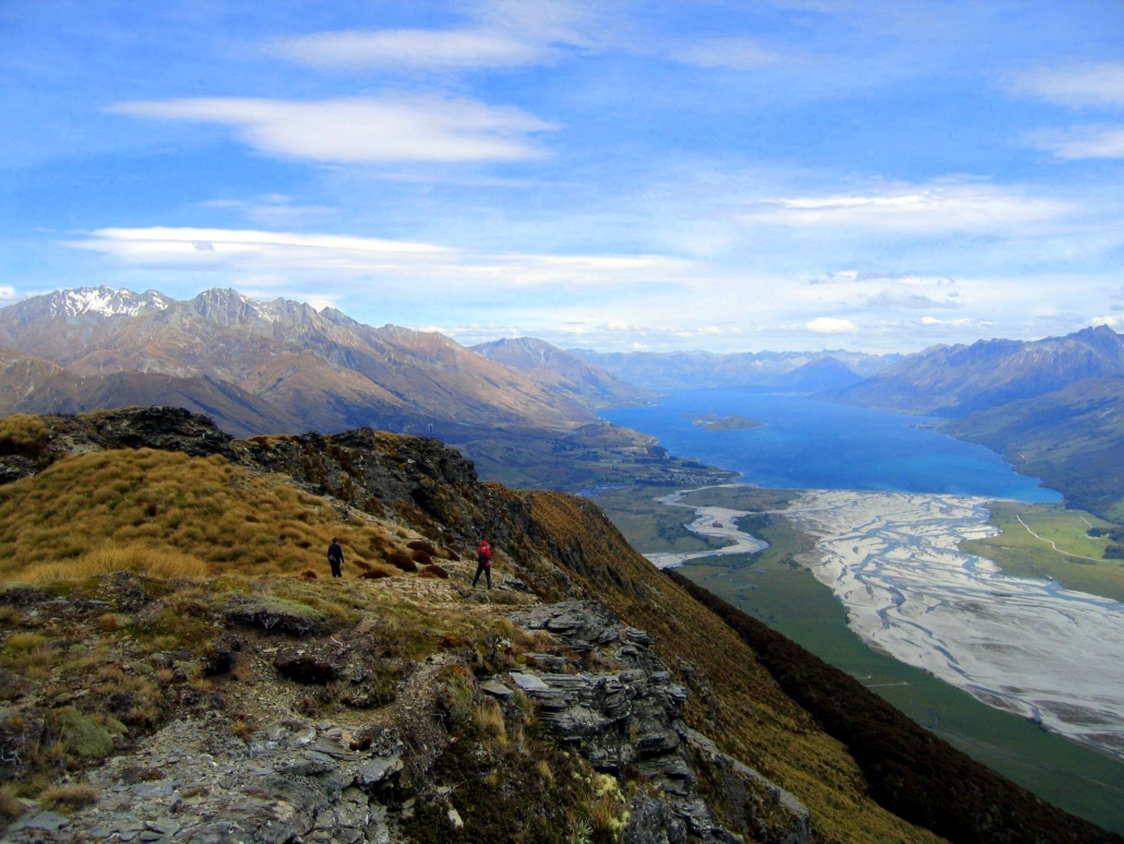 Lake Wakatipu, braided river and mountains from top of Mount Alfred
