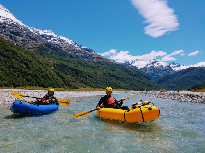 2 packrafts out on the Rees river with mountains near Glenorchy