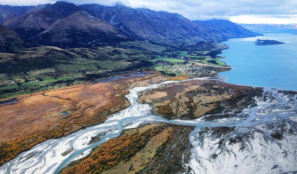 Glenorchy, rivers, mountains and lake from air