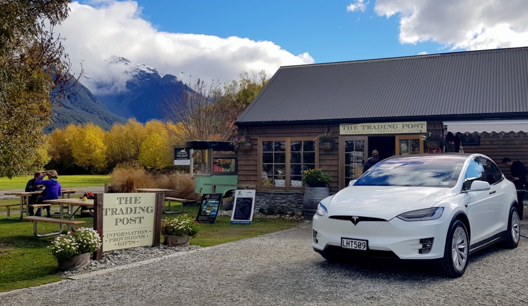 Tesla charging at the Trading Post in Glenorchy