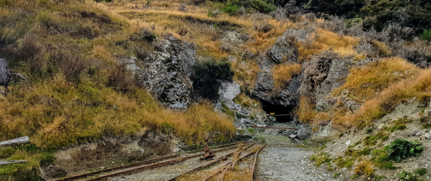 Old tracks to old mine in hillside on Mt Judah
