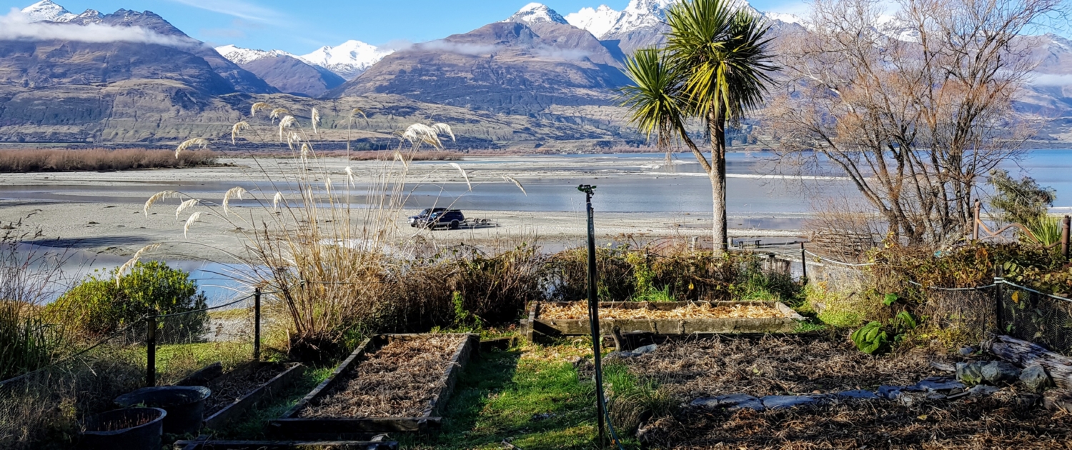 Organic vegetable garden at Kinloch with lake and mountains view of Glenorchy